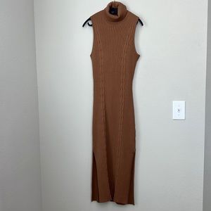TAN BROWN RIBBED SWEATER DRESS WITH SIDE SLITS